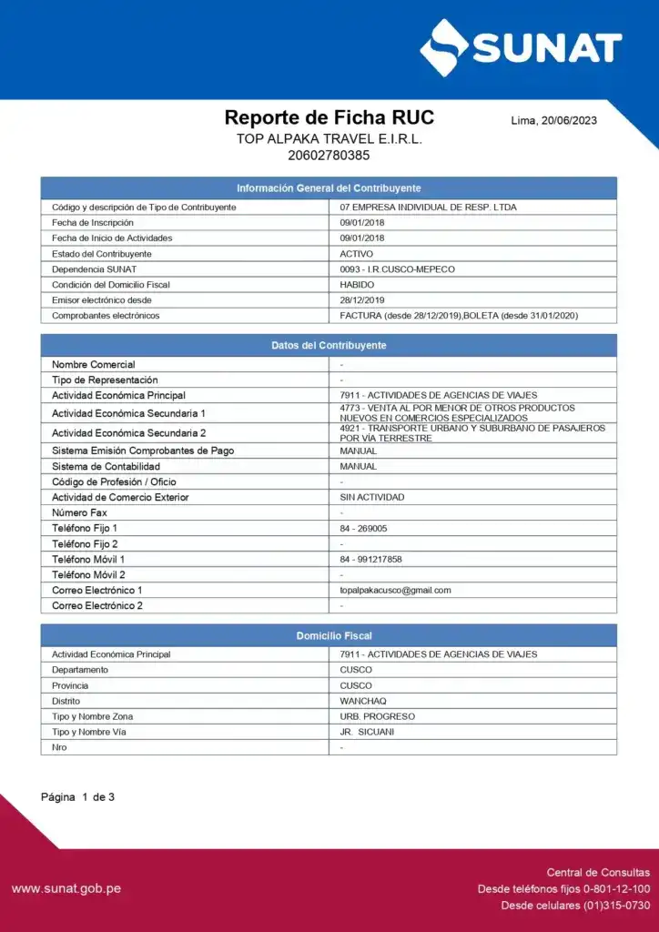 ficha ruc de top alpaka travel