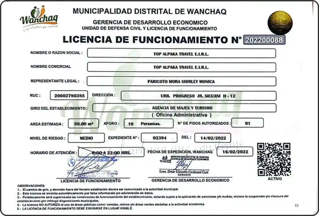 licencia de funcionamiento de top alpaka travel